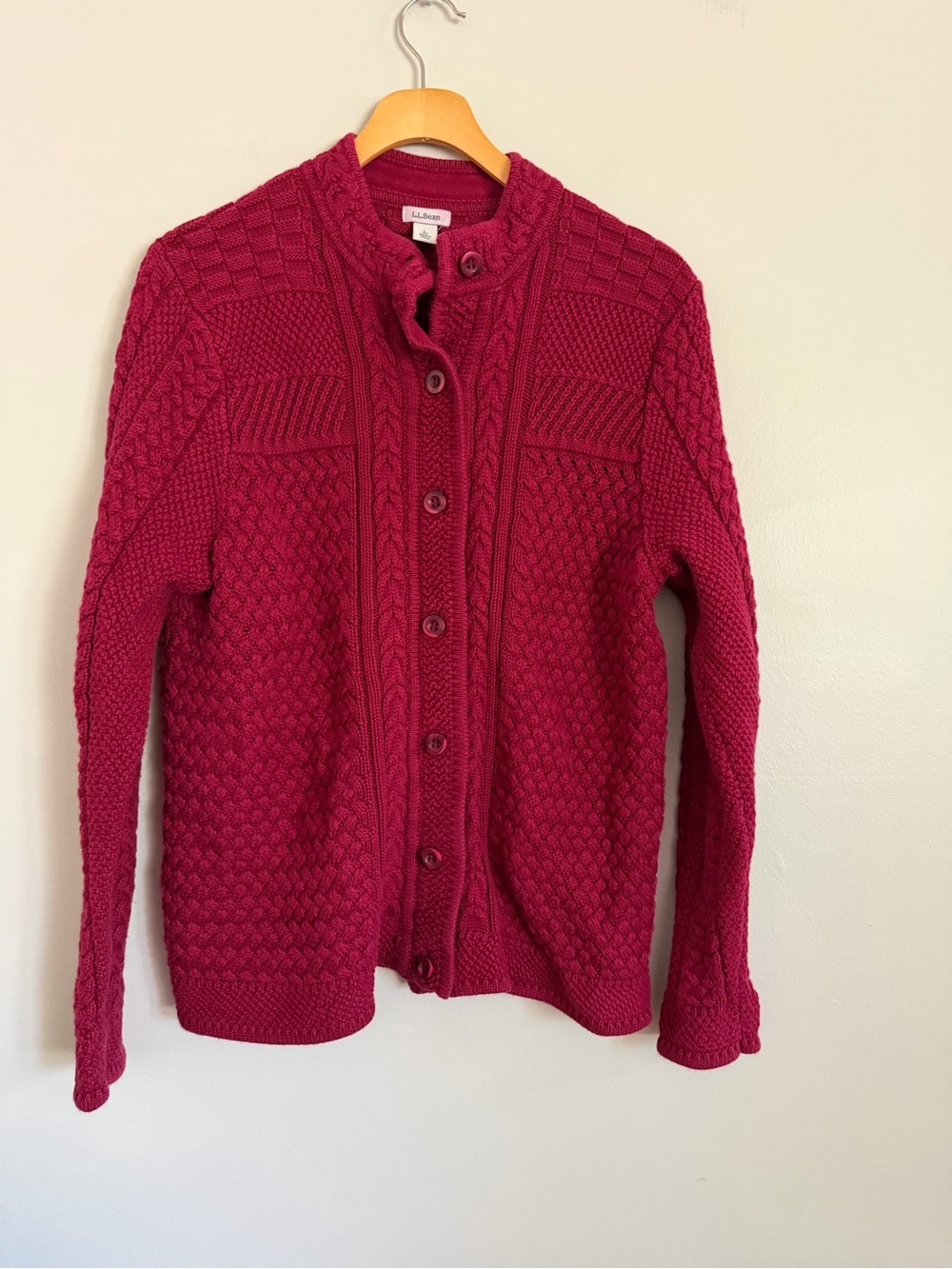 LL Bean Women L Cable Knit Cardigan Sweater Red Berry Basketweave Mock Neck Butt
